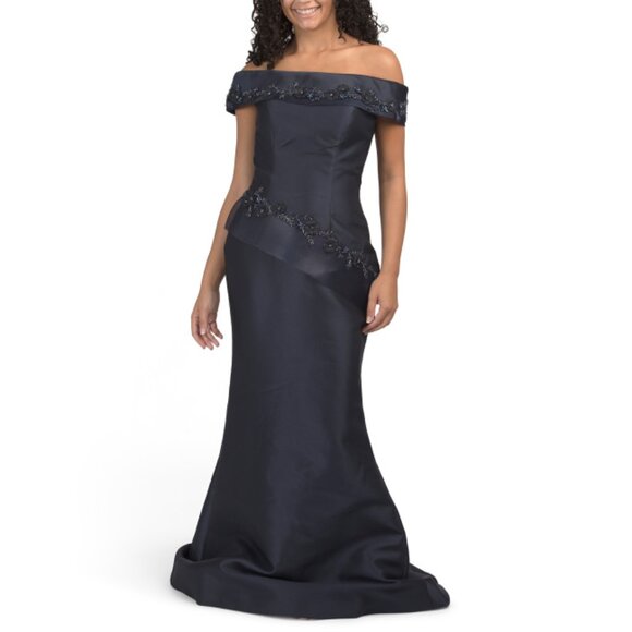TERANI Navy Off The Shoulder Mikado Floral Gown - Picture 1 of 2